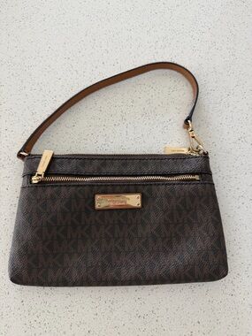 Michael Kors Brown Signature Logo Wristlet with Gold Hardware